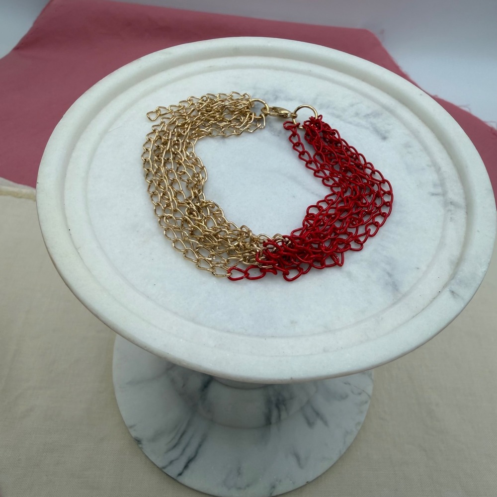 Gold and Red Multi-Strand Chain Bracelet Fashion Jewelry Two-Tone Layered Link